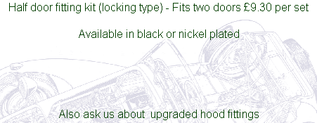 Half door fitting kit (locking type) - Fits two doors £9.30 per set

Available in black or nickel plated





Also ask us about  upgraded hood fittings